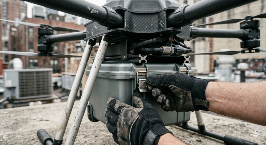 Dettaglio fotografico dei sensori LiDAR e del meccanismo di aggancio del carico utile su un drone logistico.