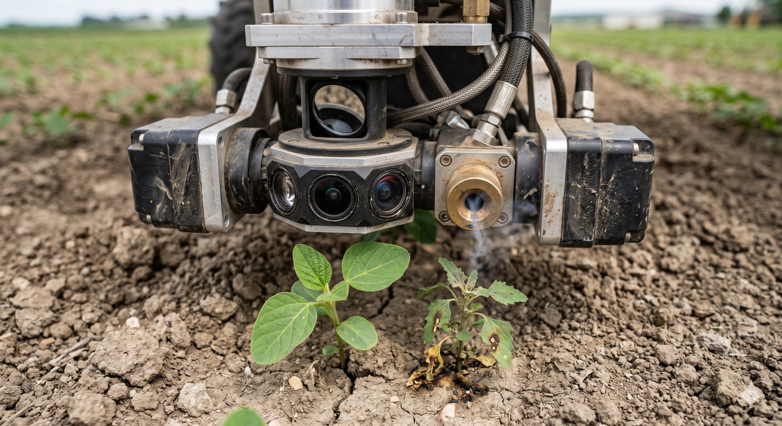 Fotografia realistica di un robot agricolo gommato sporco di terra mentre elimina un'infestante tramite un laser invisibile (visibile solo un filo di fumo).
