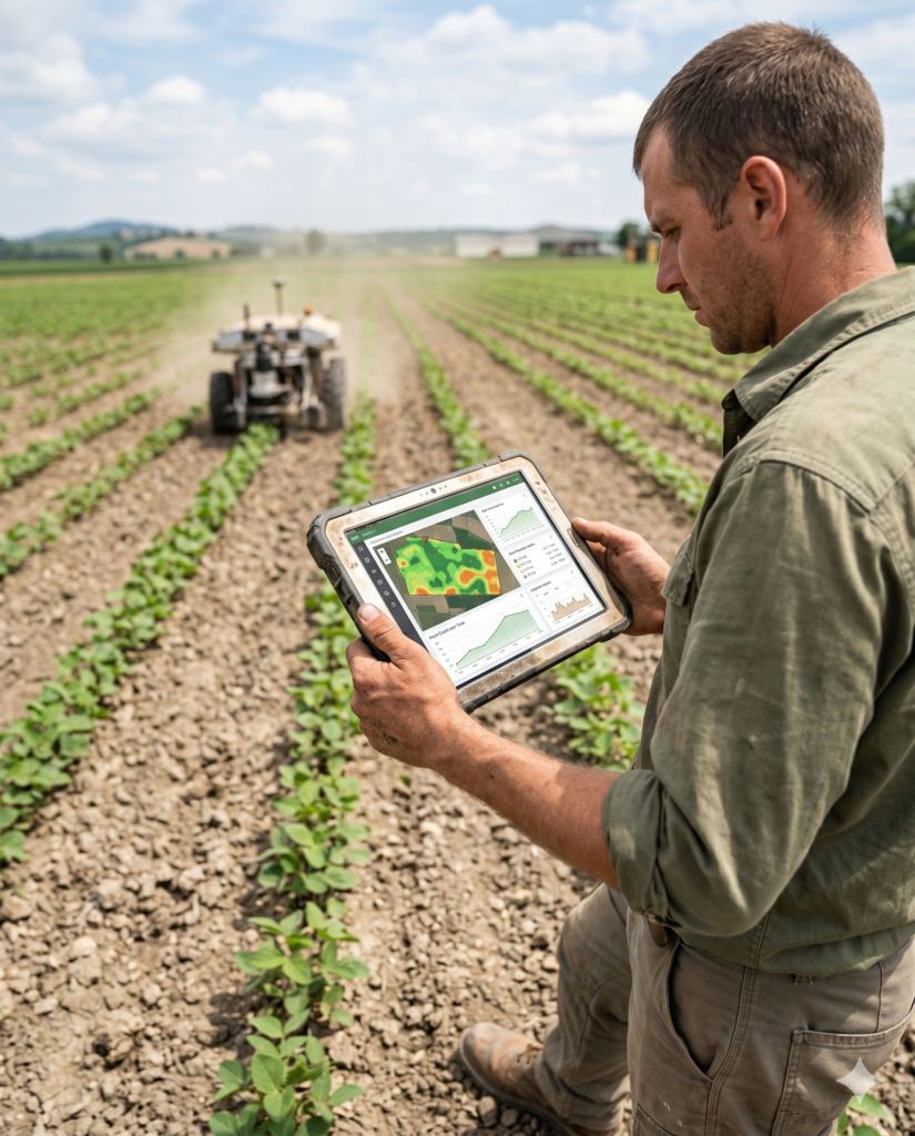 Un agronomo in un campo agricolo controlla i dati di diserbo e la mappa delle colture su un tablet industriale, con il robot autonomo sfocato sullo sfondo.