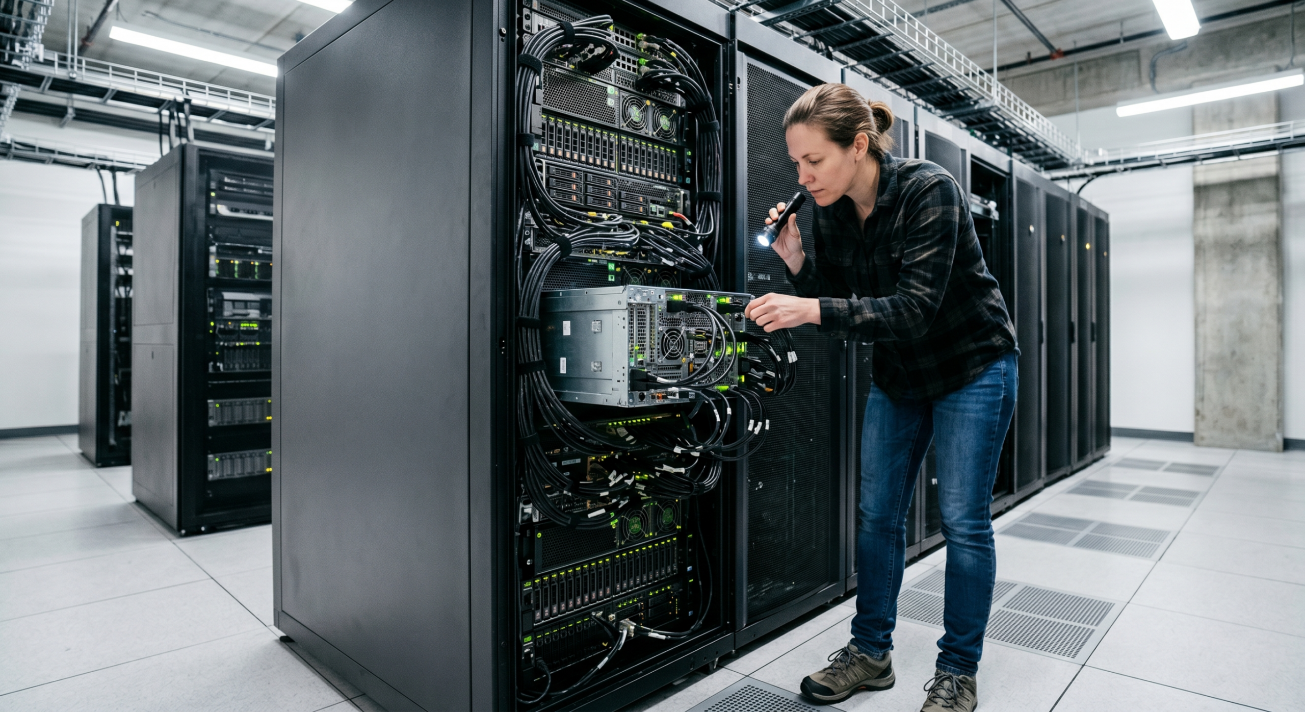 Ingegnere informatico ispeziona un cluster di server GPU on-premise dedicato all'esecuzione di LLM privati aziendali.