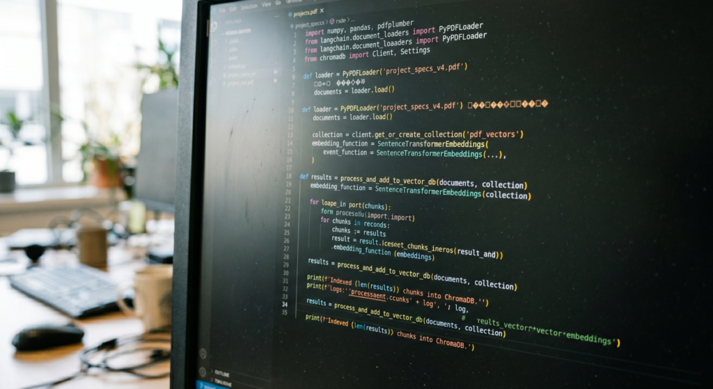 Monitor aziendale che mostra script in Python per l'integrazione di documenti interni in un database vettoriale locale.
