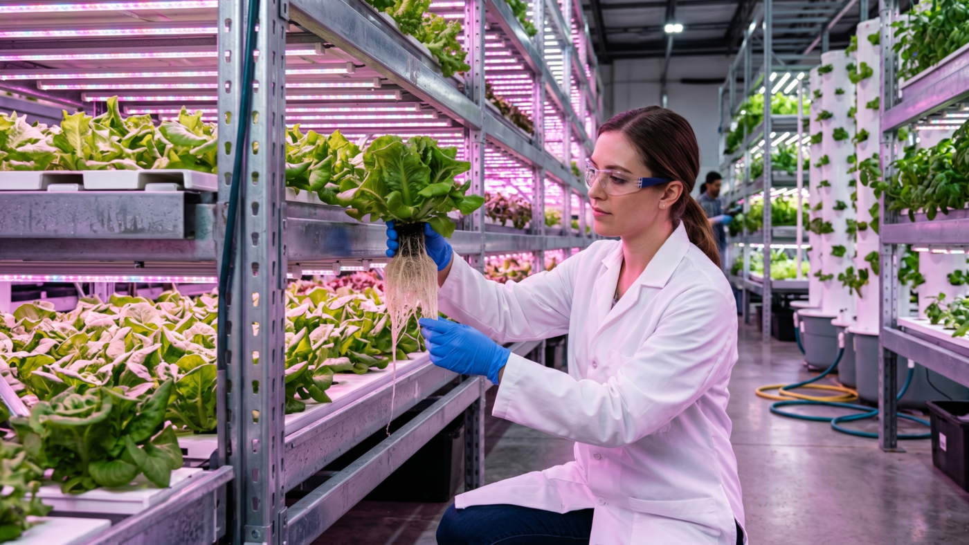Tecnico agricolo ispeziona le piante coltivate in verticale sotto luci led speciali all'interno di una fattoria urbana.