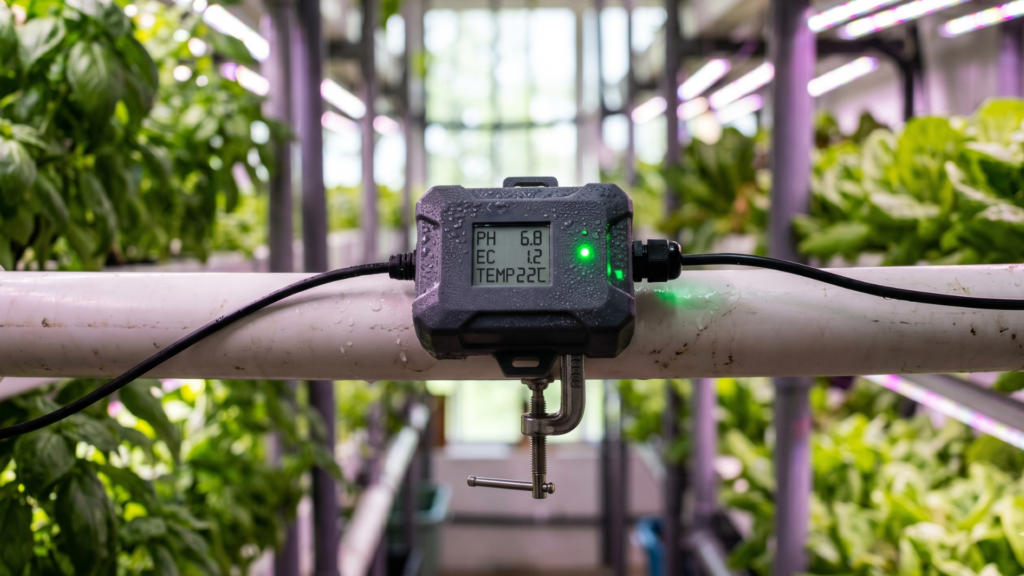Dettaglio fotografico di un sensore iot installato sulle tubazioni idriche di una coltivazione idroponica verticale.