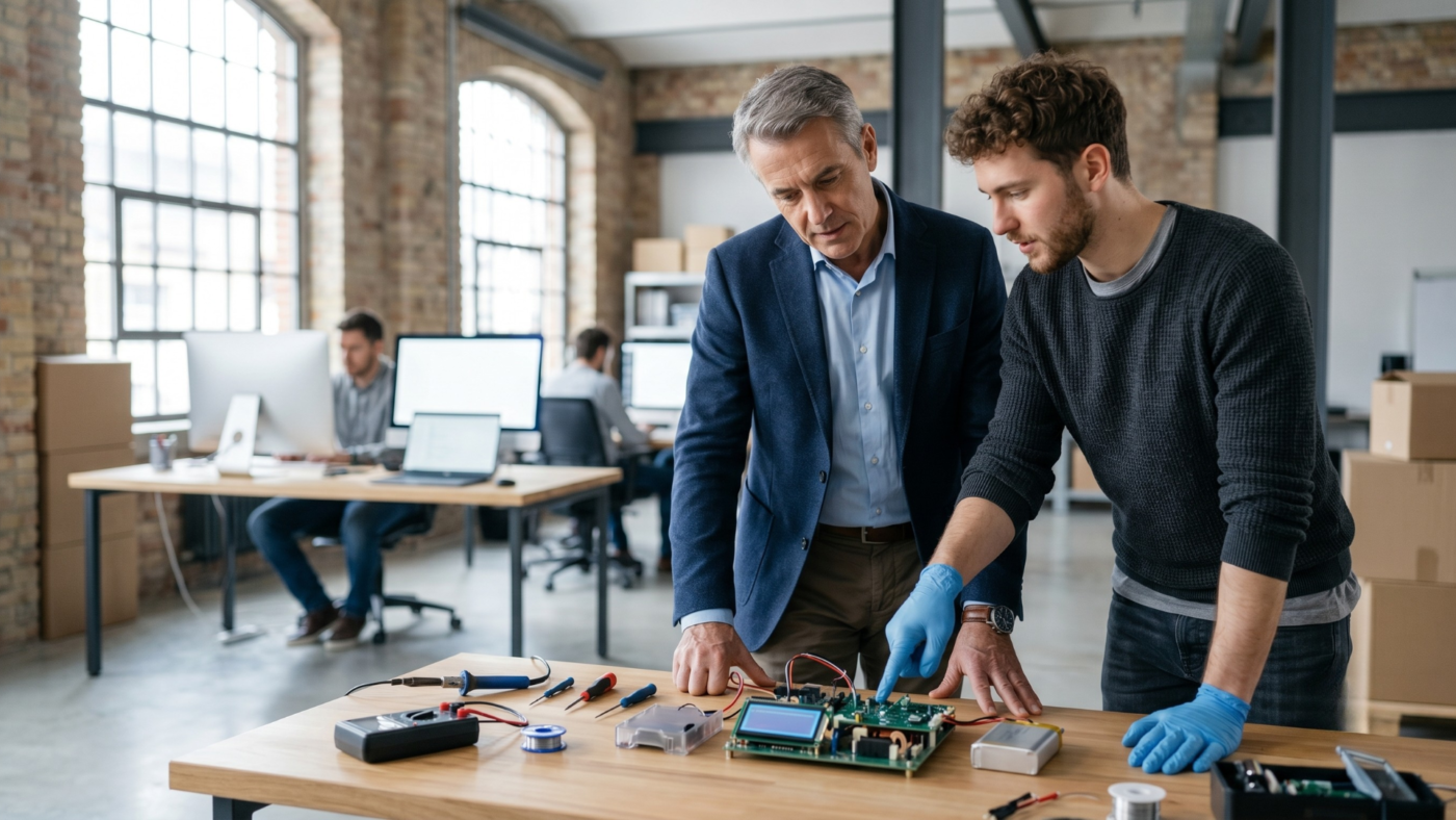 Un dirigente aziendale e un fondatore di startup analizzano un prototipo tecnologico in uno spazio di Open Innovation