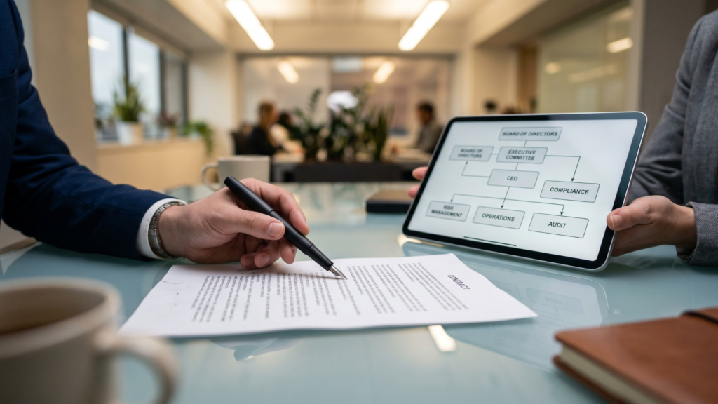 Dettaglio fotografico della firma e della revisione di un accordo legale tra una grande azienda e una startup