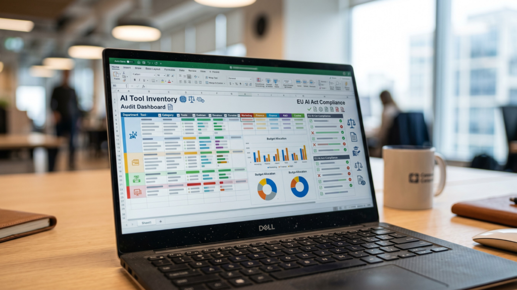 Monitor aziendale mostra la dashboard di monitoraggio e compliance dei software di intelligenza artificiale interni.