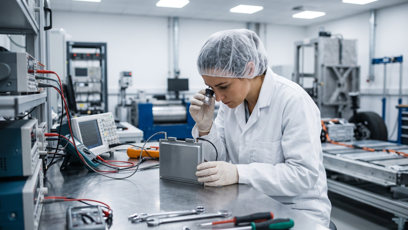 Ingegnere dei materiali ispeziona una cella di batteria a stato solido all'interno di un laboratorio di ricerca automobilistica.