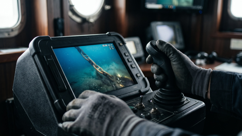 Operatore tecnico pilota un drone sottomarino per l'ispezione delle catene di ancoraggio di un parco eolico offshore.
