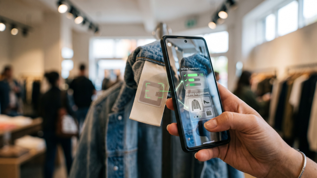 Dettaglio fotografico di uno smartphone che scansiona un tag RFID tramite un'applicazione di realtà aumentata.